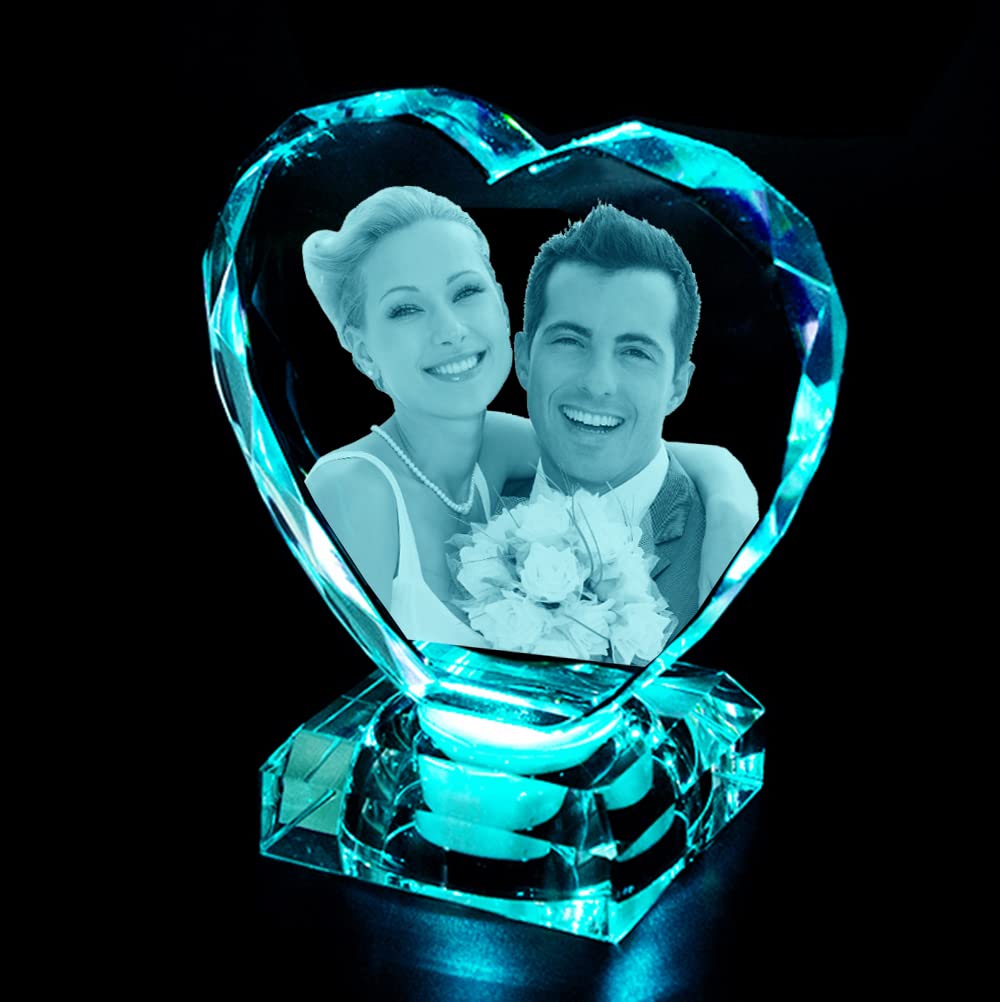 2D3D personalized crystal photo heart with light base custom engraved crystal photo cube 3D picture in glass gifts for wife mom girlfriend grandmother women her (Large Heart)