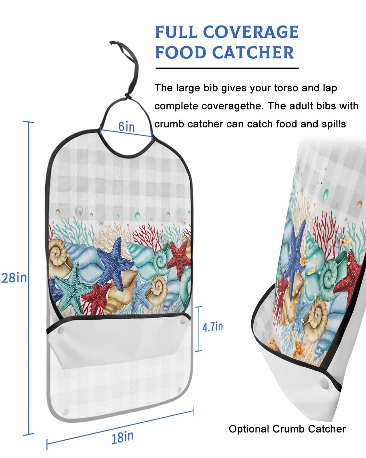 LEOKOTI Grey Plaid Coastal Adult Bibs for Eating, Waterproof Bibs with Food Catcher & Snap Closure, Nautical Starfish Coral Shell Beach Ocean Washable Clothing Protectors Adult Bibs for Elderly