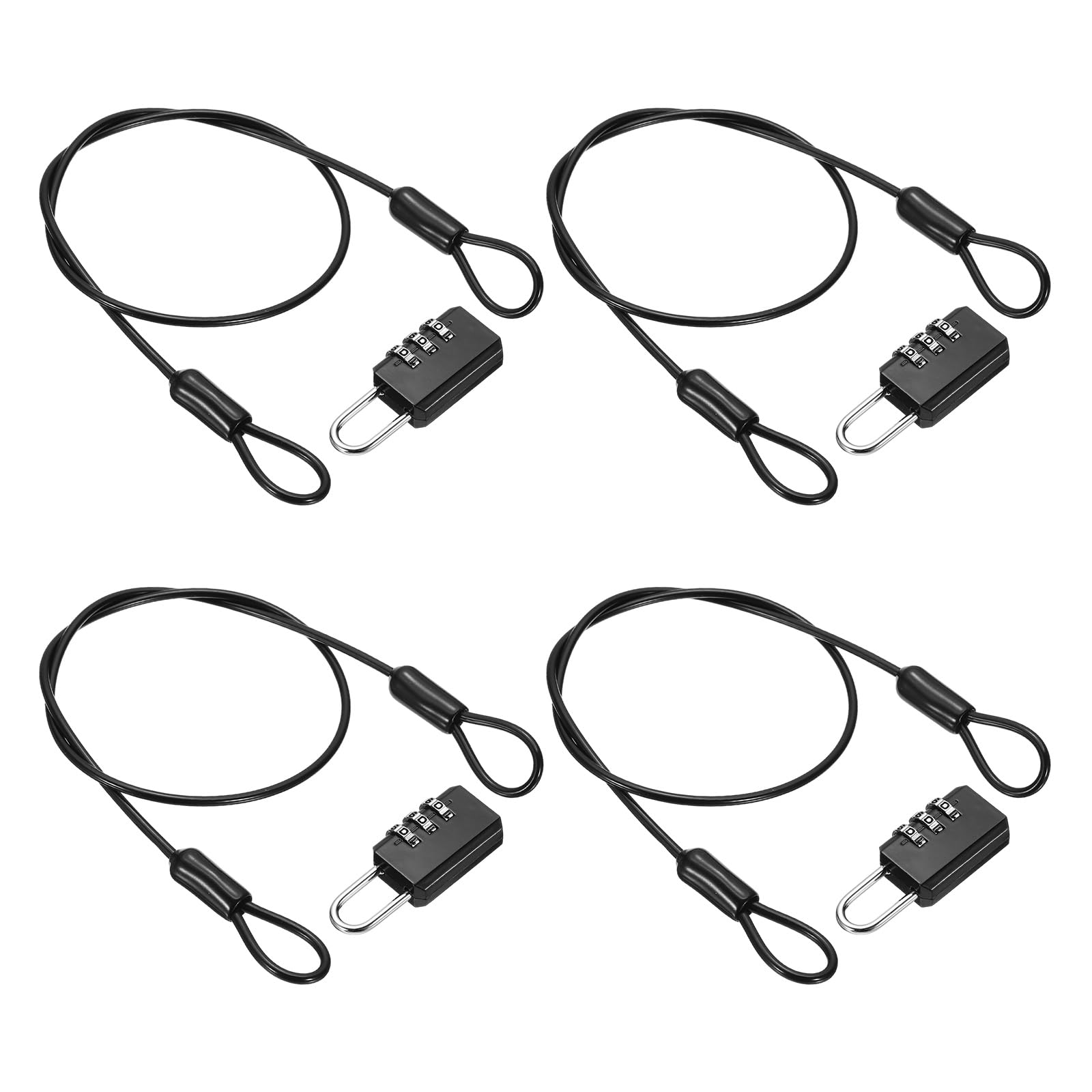 PATIKIL Security Cable with 3 Digit Combination Lock, (50cm x 2.5mm, Black)(4Set), Braided Stainless Steel Safety Cable Wire Rope with Double Loop, Suit for Suitcase/Bicycle/Cabinets