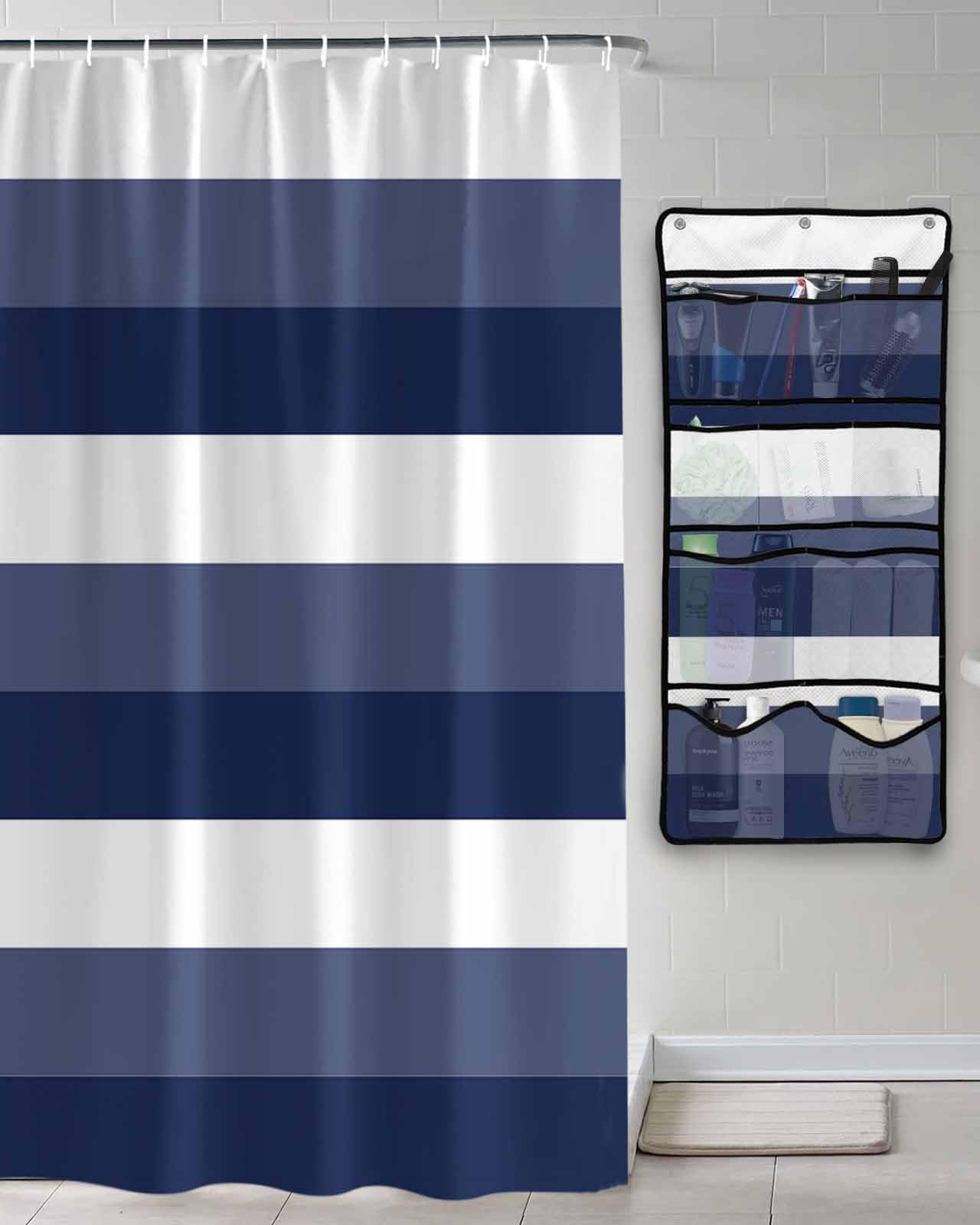 Decorative Shower Curtain Sets Stripe White Navy Blue Polyester Fabric Waterproof Bath Shower Curtains Modern Geometric Texture Mesh