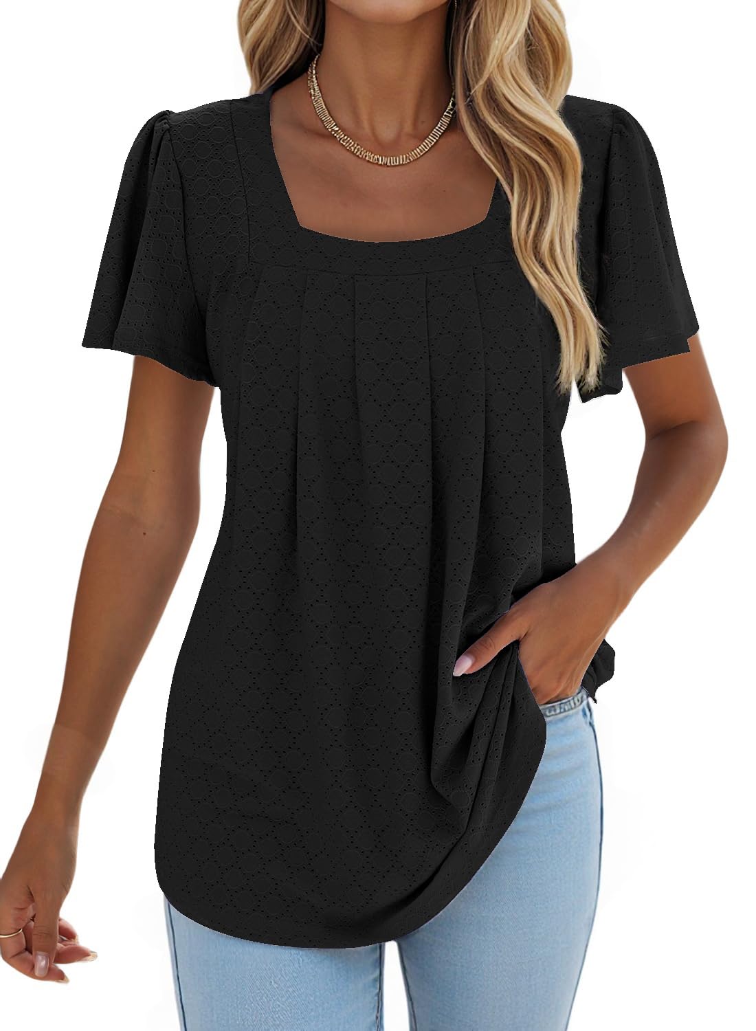 isermeo Summer Tops for Women Pleated Square Neck Ruffle Sleeve Shirts Casual Loose Flowy Curved Hem Tunic S-XXL