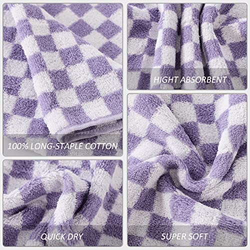 Idorespell Luxury Purple White Checkered Bath Towel Sets Large Ultra Soft 100% Cotton Classic Checkerboard 1 Bath Towels Sheets 2 Hand Towels Highly Absorbent For Adults Woman Girl Face Body (Purple) #TOP2