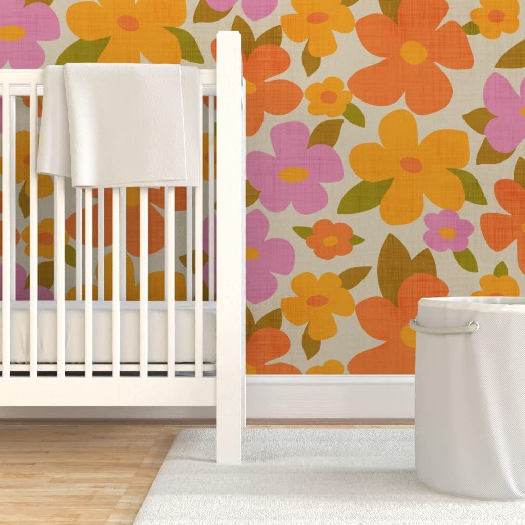Spoonflower Peel & Stick Wallpaper 3ft x 2ft - Large Abstract Retro Flowers Pink Orange Flower Vintage Floral Custom Removable Wallpaper