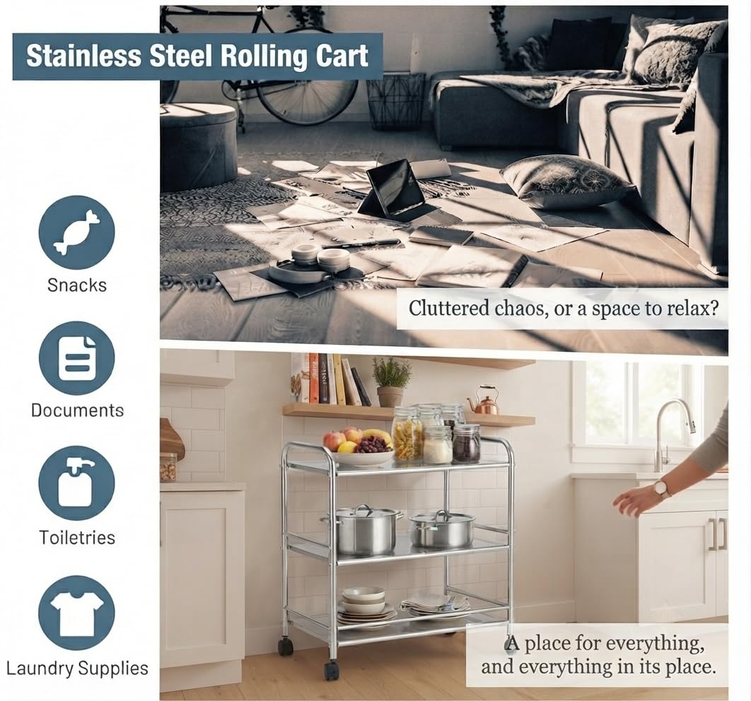 Carro Multifuncional de Acero Inoxidable 201 - Carro Comercial de 3 Niveles con Ruedas Bloqueables | Estantería Industrial para Cocina