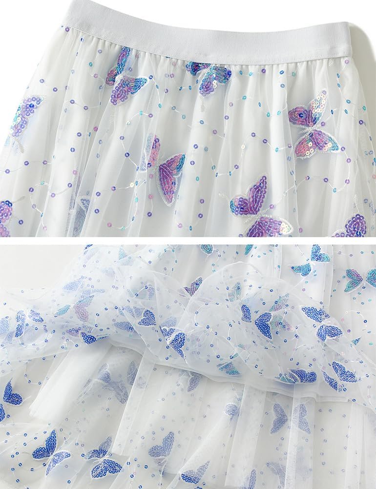 Womens Floral Layered Tulle Skirt Trendy High Waisted A Line Fairy Flowy Mesh Cute Tiered Pleated Midi Skirt(White06, One Size)