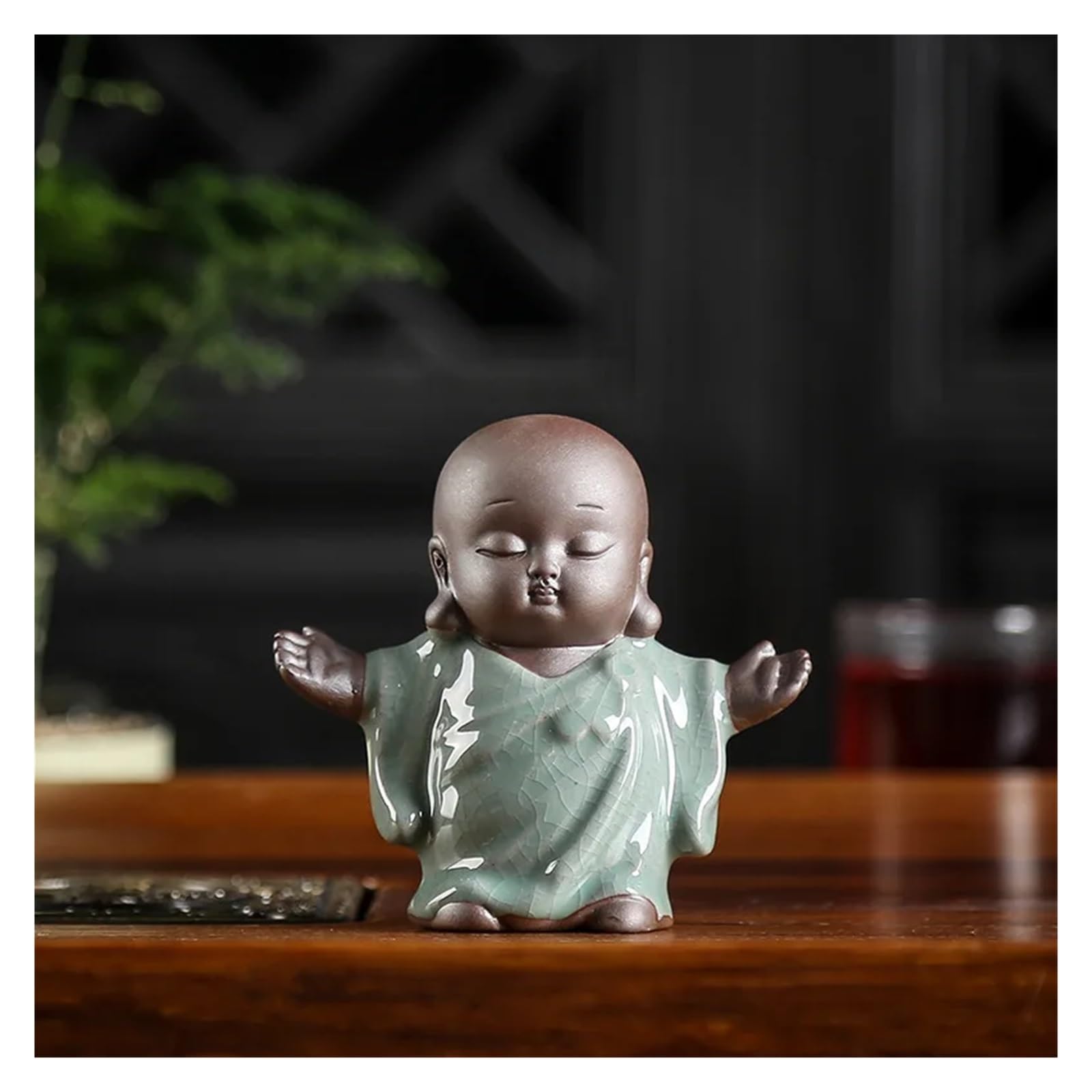 ENGENDER Kung Fu Tea Pet Desktop Statue Monk Tea Pet Handmade Zen Living Room Coffee Table Ceramic Decoration Set Accessories(01)