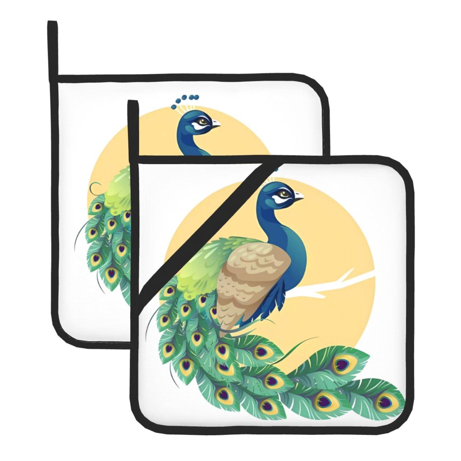 WHJDPP Beautiful peacock Prints Square Hot Pads for Kitchen - Waterproof Pot Holders Set of 2, Durable Trivets with Pocket & Hanging Loop for Hot Dishes & Oven Use