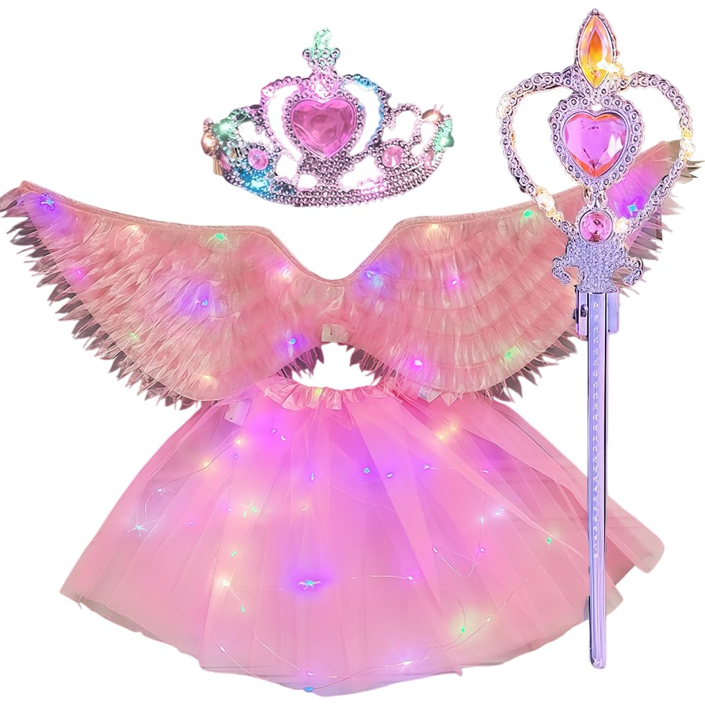 WFKKMEQ Angel Wings Costume Kids, LED Fancy Dress Girls Fairy Costume Set with Angel Wings, Tutu Skirt, Crown and Magic Wand Fancy Dress Up Costumes for Carnival Cosplay Birthday Themed Party(Pink)