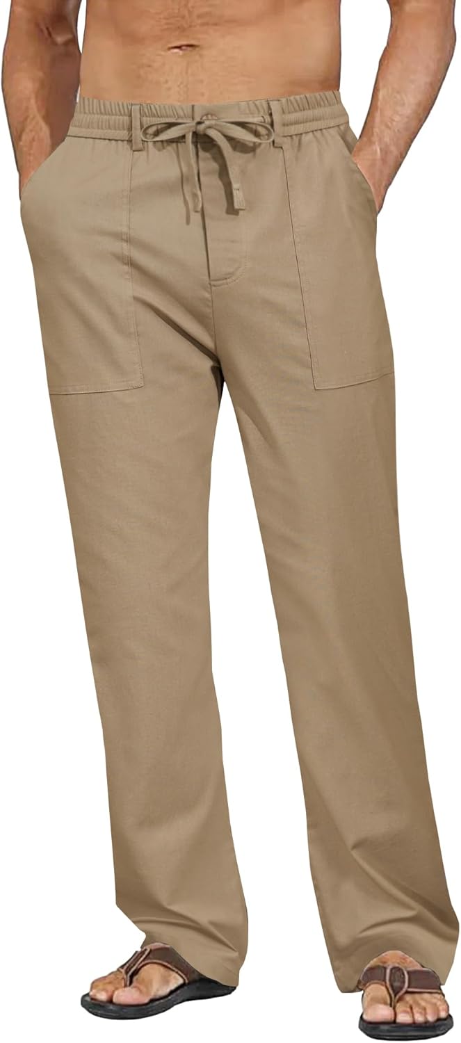 DOWMQ Mens Linen Pants Casual Elastic Waist Drawstring Pants Loose Straight Linen Pant Beach Trousers with 4 Pockets