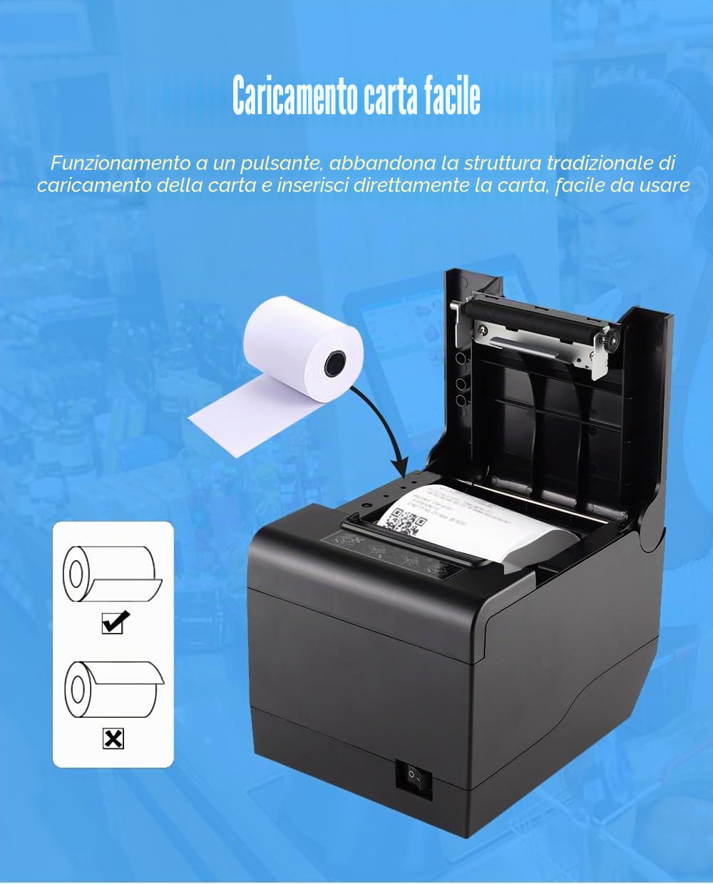 Stampante Termica per Scontrini POS 80mm, Facile da utilizzare - Driver Windows Linux Android IOS, Interfaccia USB, Stampa Codici 1D e QR - ideale per bar e ristoranti (BP-DTPP-021)