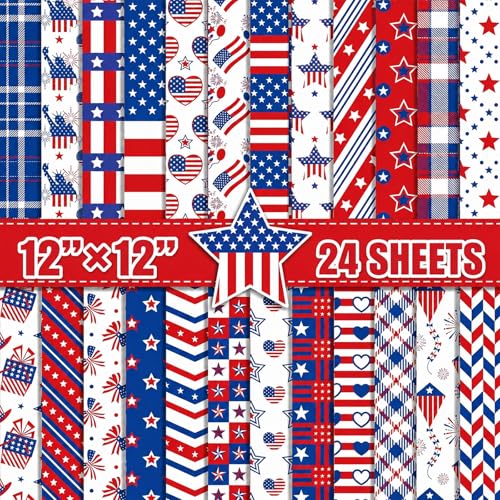 Patriotic Scrapbook Paper 12x12 24 Sheets Double-Sided Decorative Craft Paper Red White & Blue Patterned Cardstock for 4th of July DIY Card Making Scrapbooking & Party Decorations