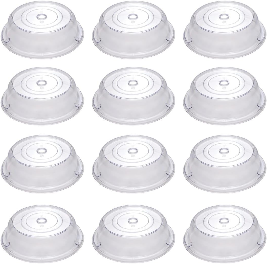 Soro Essentials- 10" Clear Polycarbonate Plate Cover Set of 12- Chip and Break Resistant Plastic Round Plate Covers Clear Plastic Splatter Cover With Finger Hole FoodService Products Plate Cover