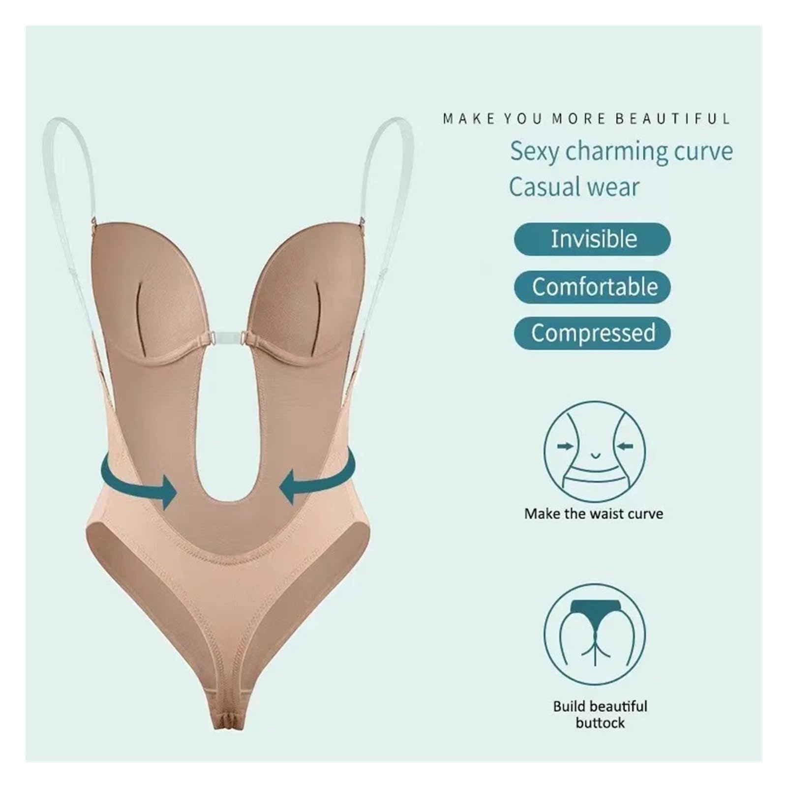 LYGXWJFC Body Modellante Senza Schienale da Donna, Perizoma Senza Cuciture, Body in Pizzo, Scollo Profondo a V, per Intimo da Donna con Schiena Bassa