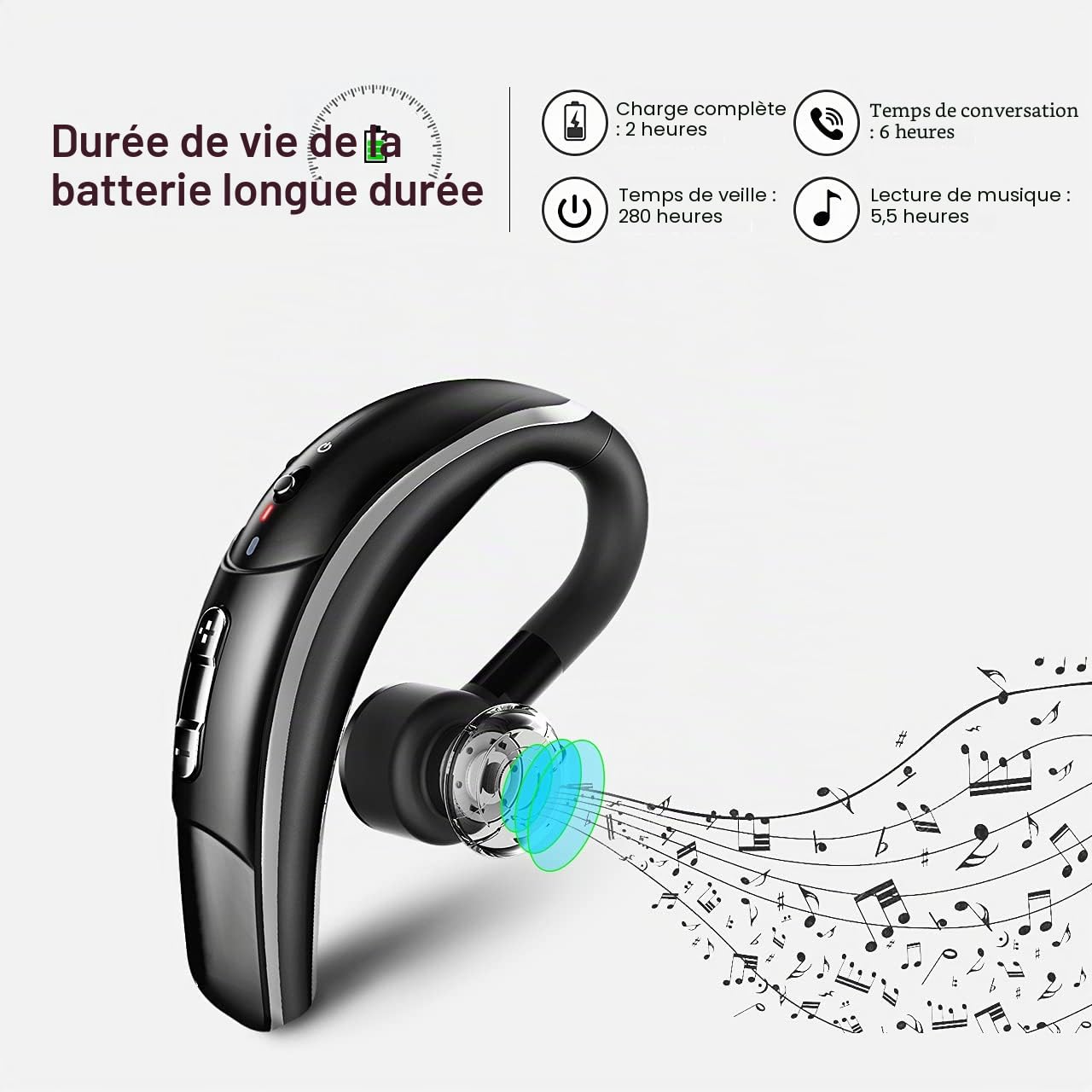 Oreillette Bluetooth 4.1 sans Fil en Voiture Kit d'oreillette Bluetooth avec Microphone Réduction du Bruit d'appel CVC 6.0, 280H d'Autonomie Casque d'écoute sans Fil, pour Bureau/Conduite (Sliver)