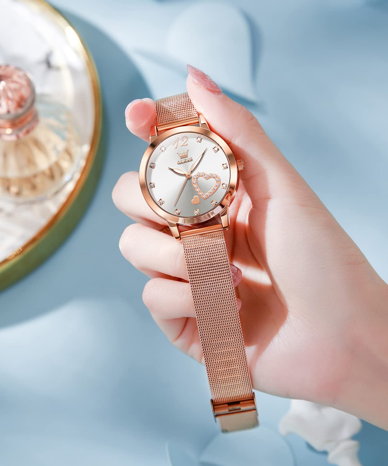 OLEVS Montre pour Femme Or Rose avec cœur Diamant Noir et Blanc Visage Quartz étanche Bracelet Ensemble Montres pour Femme