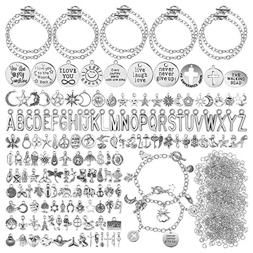 Highergo 469 Pieces Bangles Bracelet Making Kit, 10 Pieces Round Link Chain Bracelets with OT Toggle Clasp, 159 Pieces Moon Stars Tibetan Silver Charms and 300 Pieces Open Jump Ring for Jewelry Making