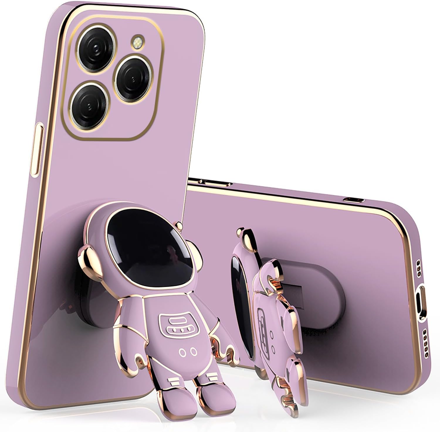 Compatible with Tecno Spark 20 Pro Case Silicone Cute Cases with Astronaut Stand, Phone Case for Tecno Spark 20 Pro Slim Plating Protection Shockproof Cover (Purple)
