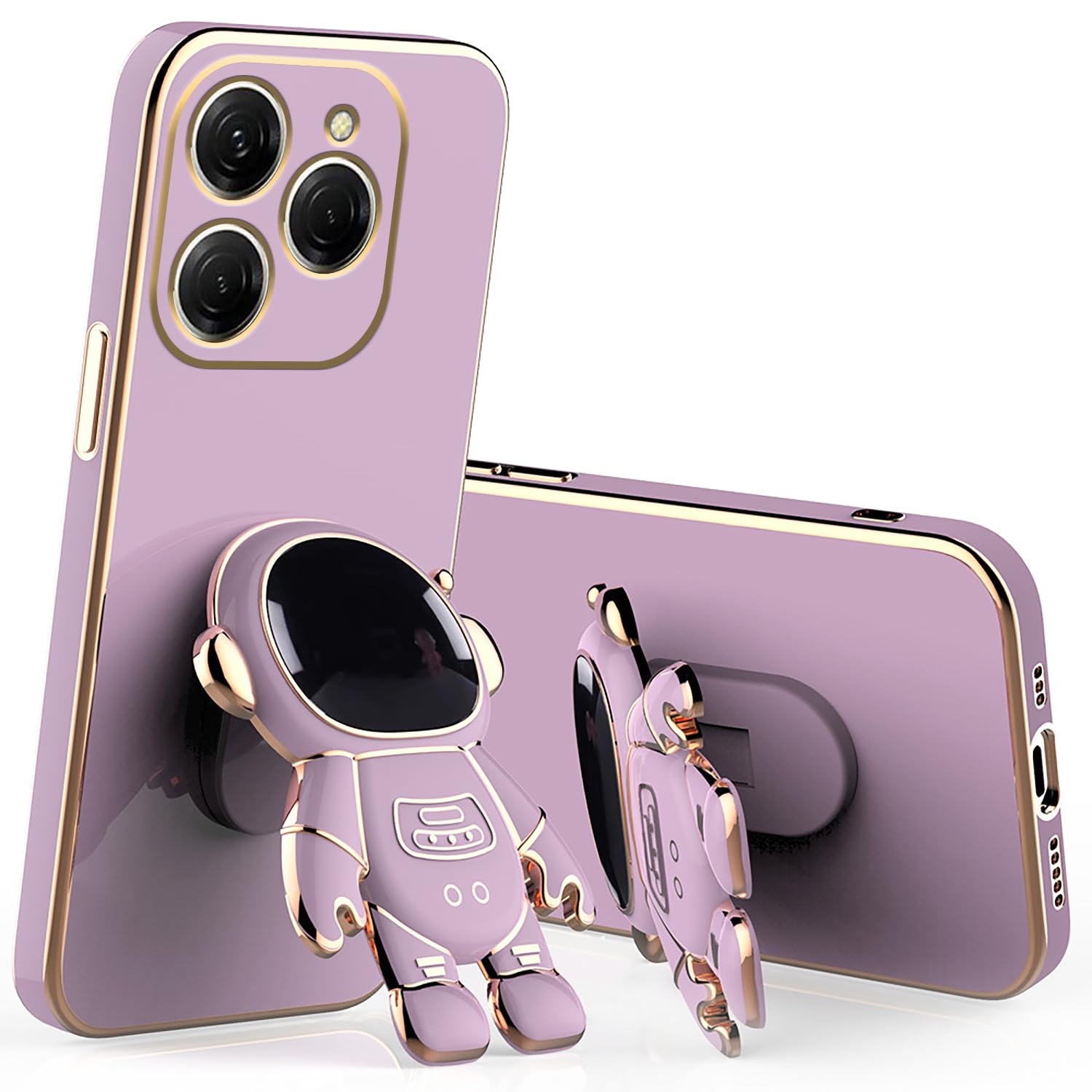 Compatible with Tecno Spark 20 Pro Case Silicone Cute Cases with Astronaut Stand, Phone Case for Tecno Spark 20 Pro Slim Plating Protection Shockproof Cover (Purple)