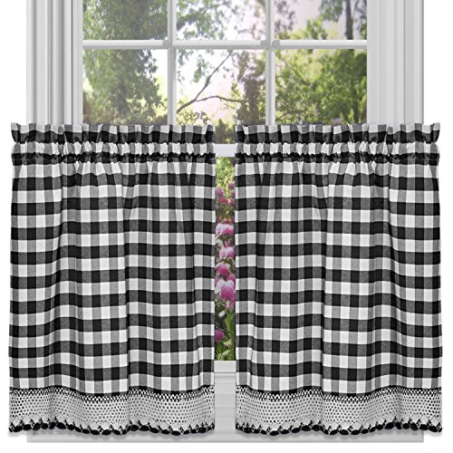 Image of Sweet Home Collection Kitchen Window Curtain Panel Treatment, 36 inch Tier, Black /White