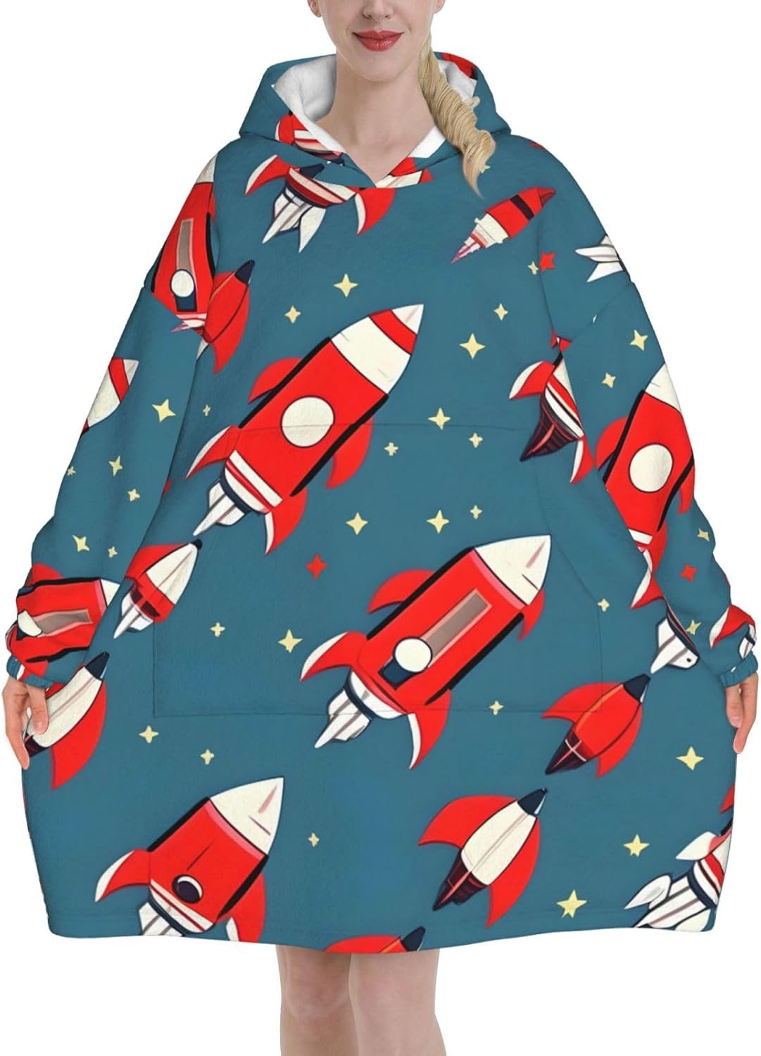 Cartoon Rockets Print Adults Cozy Oversized Soft Blanket Hoodie Winter Gift Christmas And Holiday