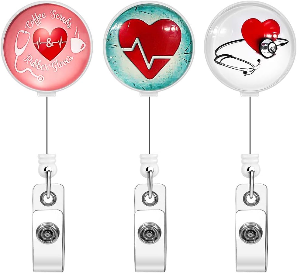Xoqo 3 Pack Crystal Glass Retractable Badge Reel Holder, 24 inch Retractable Cord Nurse Badge Clip, ID Name Badge Holder with Belt Clip (Red Love Stethoscope)