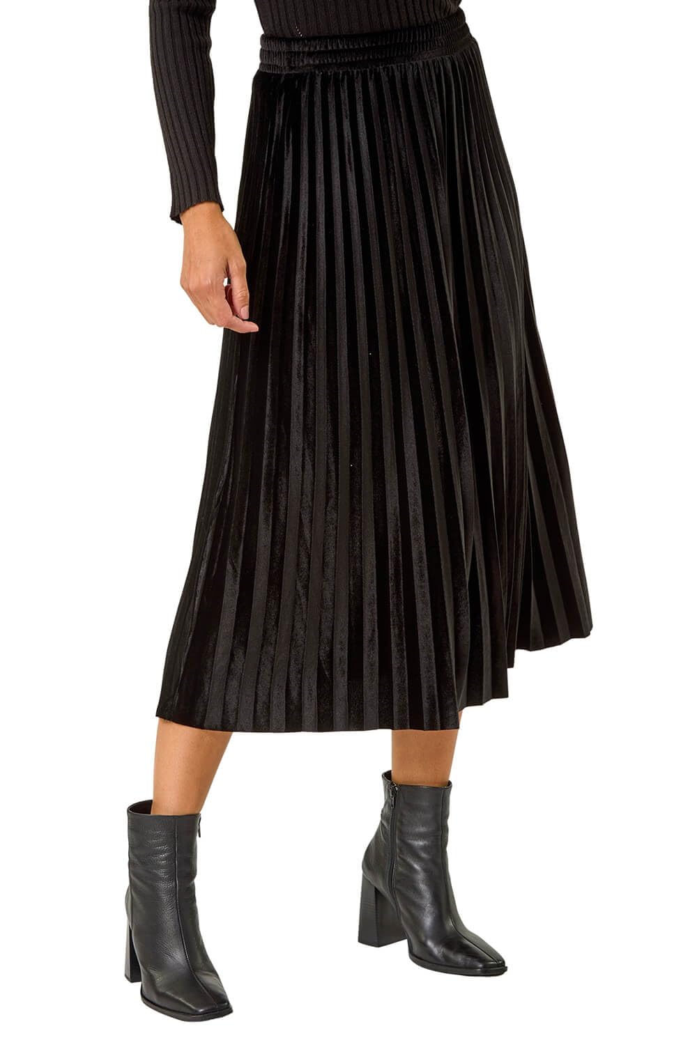 Roman Originals Women's Velvet Black Pleated Skirt For Uk Maxi Midi Crinkle Summer Smart Casual Evening Special Occasion Elasticated Waistband Party Holiday Long Crepe - Size 18