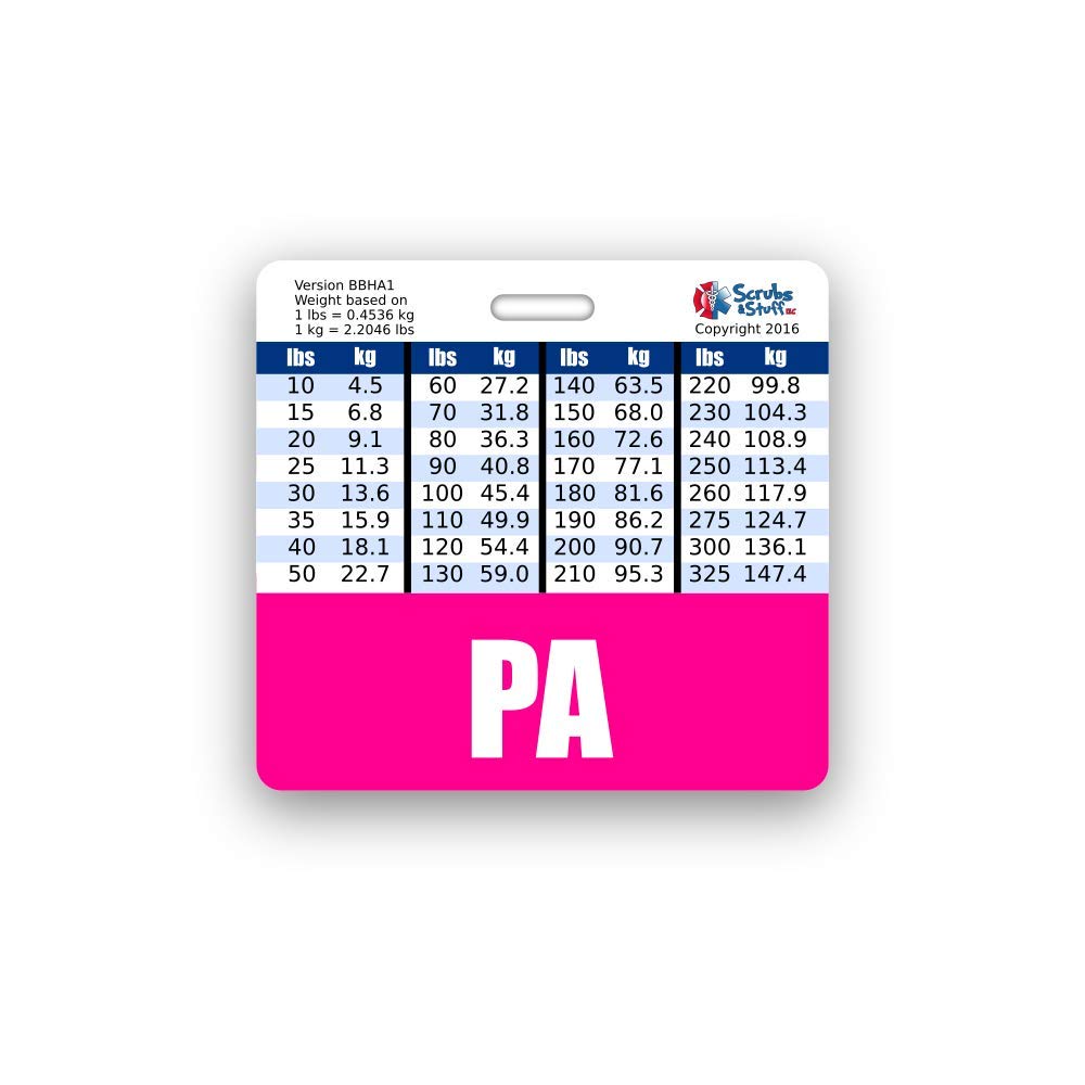 PA Badge Buddy Horizontal w/Height & Weight Conversion Charts (Standard, Pink)