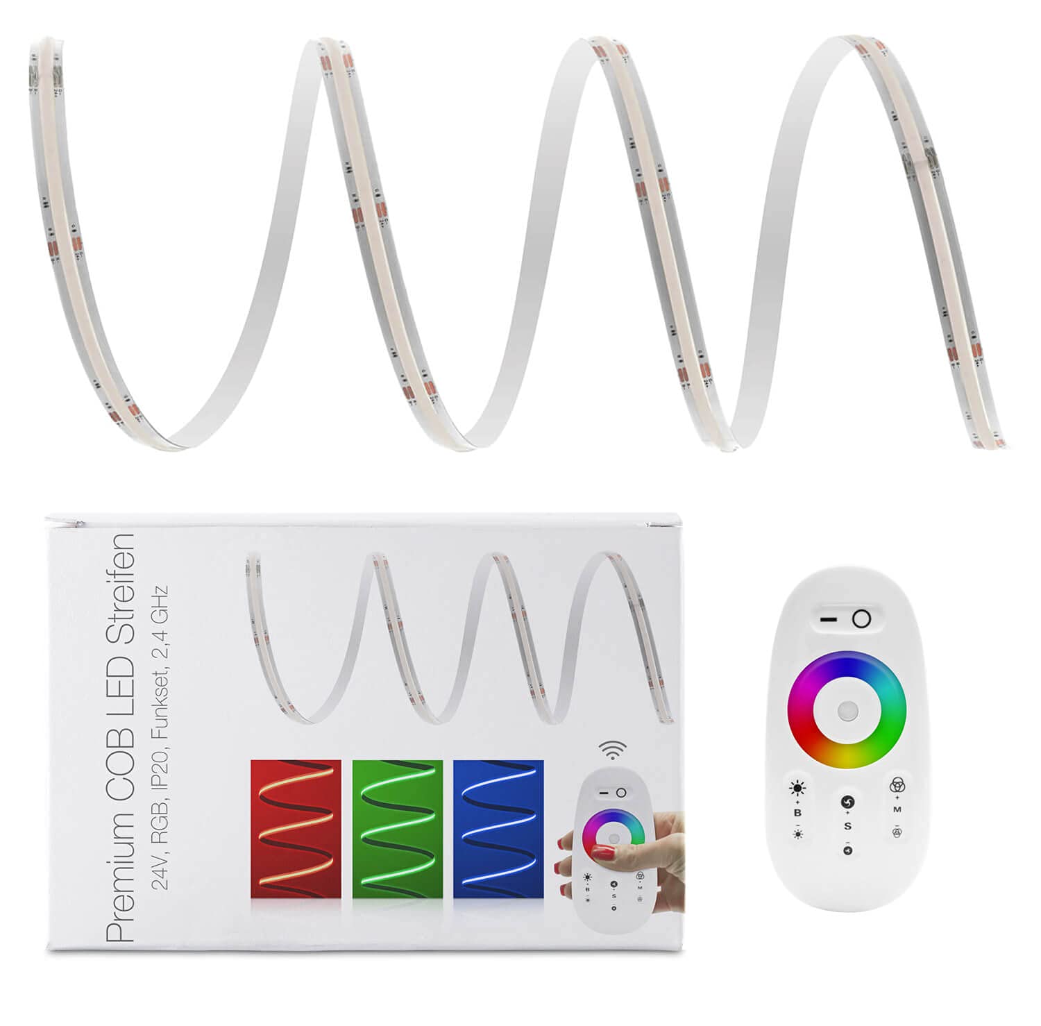 LED Universum Juego de tiras LED COB RGB con mando a distancia blanco, controlador y fuente de alimentación, filamento premium, 24 V, IP20, multicolor (1 metro)
