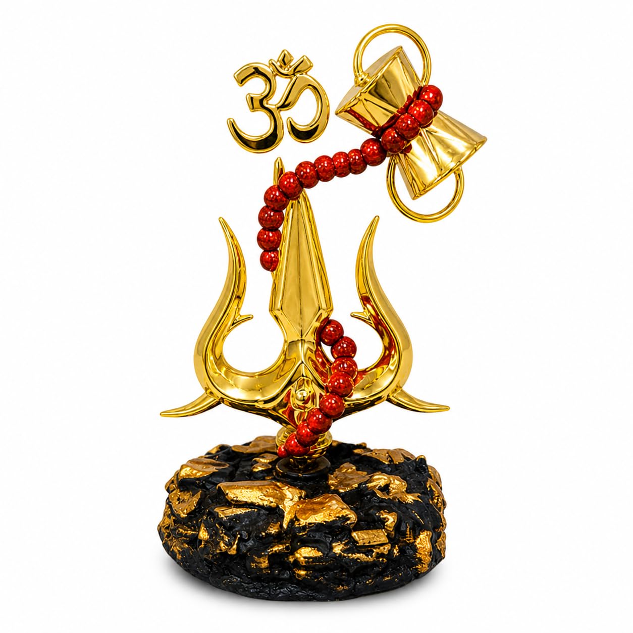 Sheux Golden Om Trishul Idol with Damru & Rudraksha Mala for Car Dashboard & Home Temple | Gift and Pooja Décor