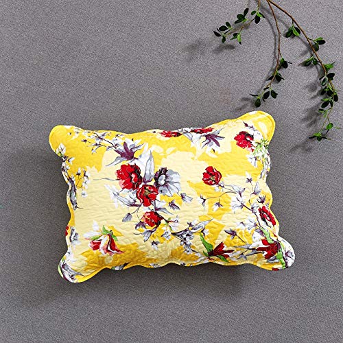DaDa Bedding Radiant Sunshine Yellow Birds Floral Pillow Sham - Farmhouse Spring Time Hummingbirds Scalloped Edges - Colorful Red Botanical Garden Flowers - Queen Pillow Cover 20