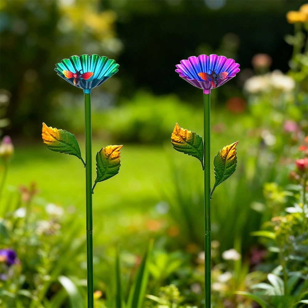 Confezione da 4 paletti in metallo per mangiatoie per fiori, in ferro resistente alla ruggine, con supporti a forma di fiore, per uso esterno, alimentazione per uccelli e api (quattro