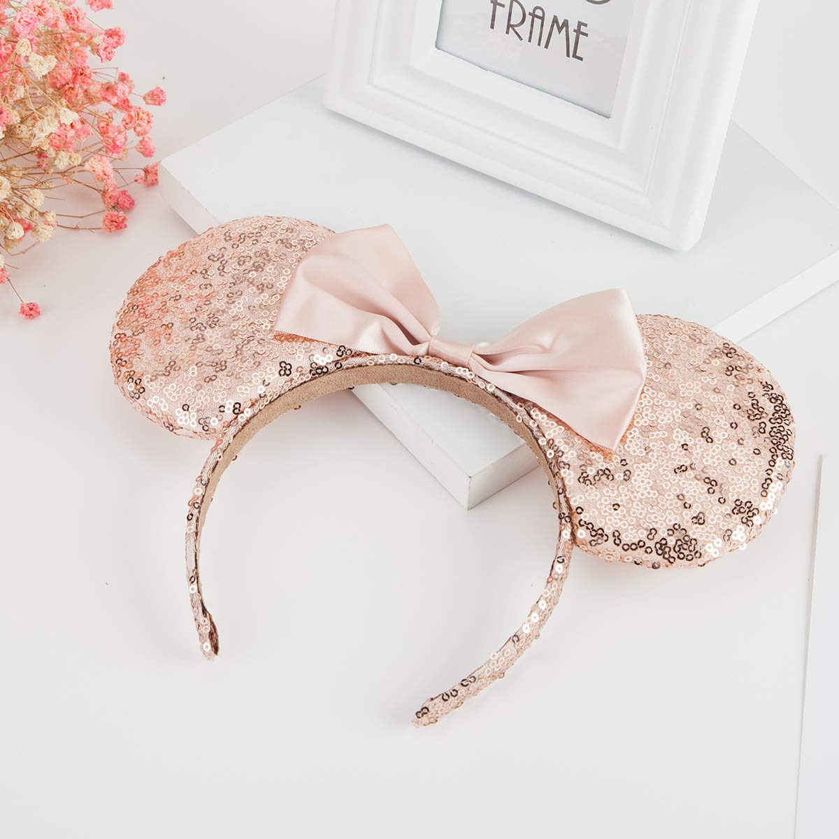 Seamoy Minnie Ears Headband,Sequin Mouse Ears Headband with Bow Hairs Accessories for Girls Women Adult Kids Birthday Party(Gold)