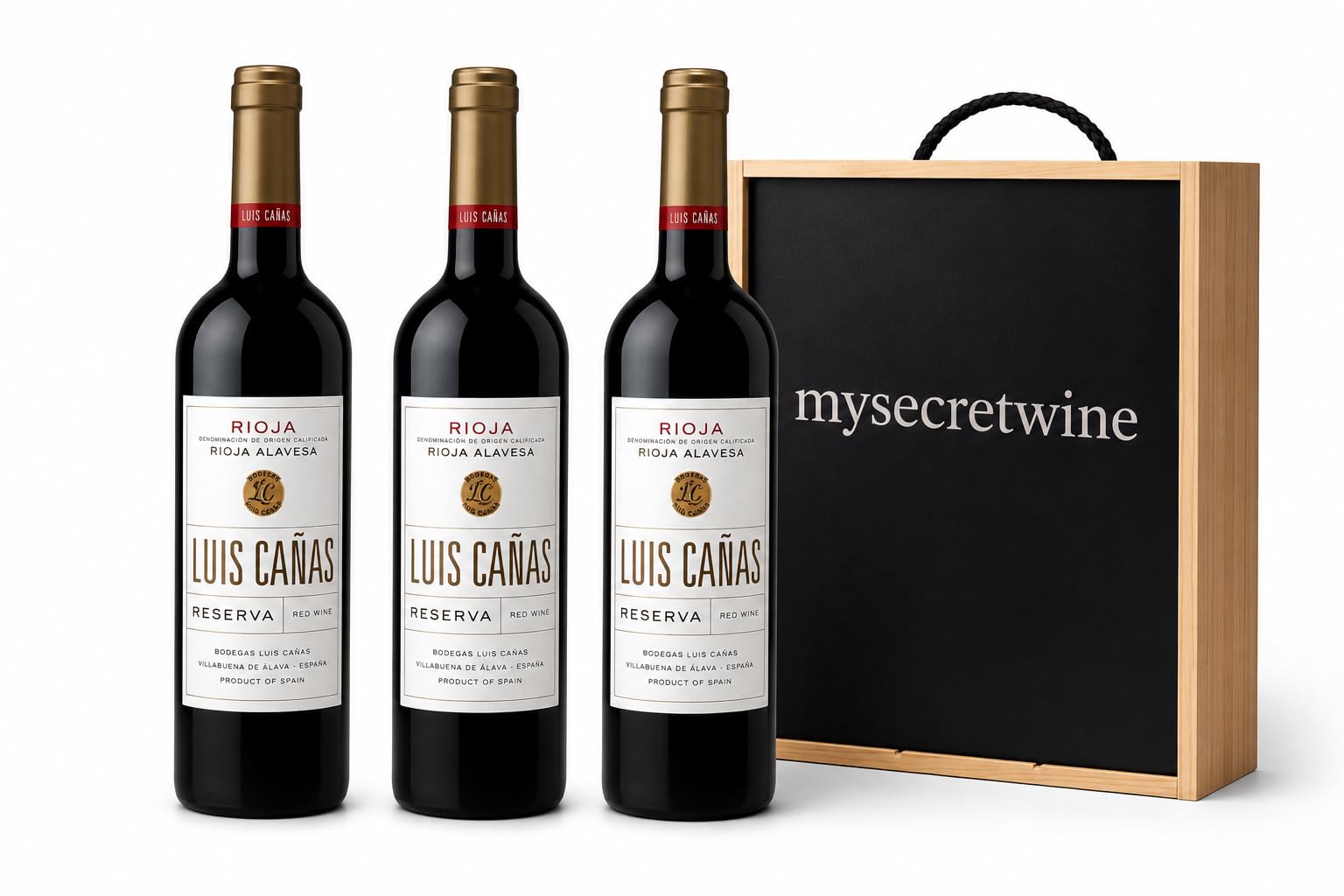 Luis Cañas Reserva – Pack 3 Botellas de Vino Tinto D.O.Ca. Rioja + Caja de Madera My Secret Wine – Rioja Alavesa – 3 x 750 ml – Estuche para Regalo