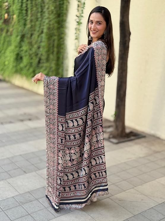 Image of SATIKA VASTRAM Modal Silk Ajrakh Saree Bandhani Design Crepe Printed Designer Pallu Attach Blouse Piece