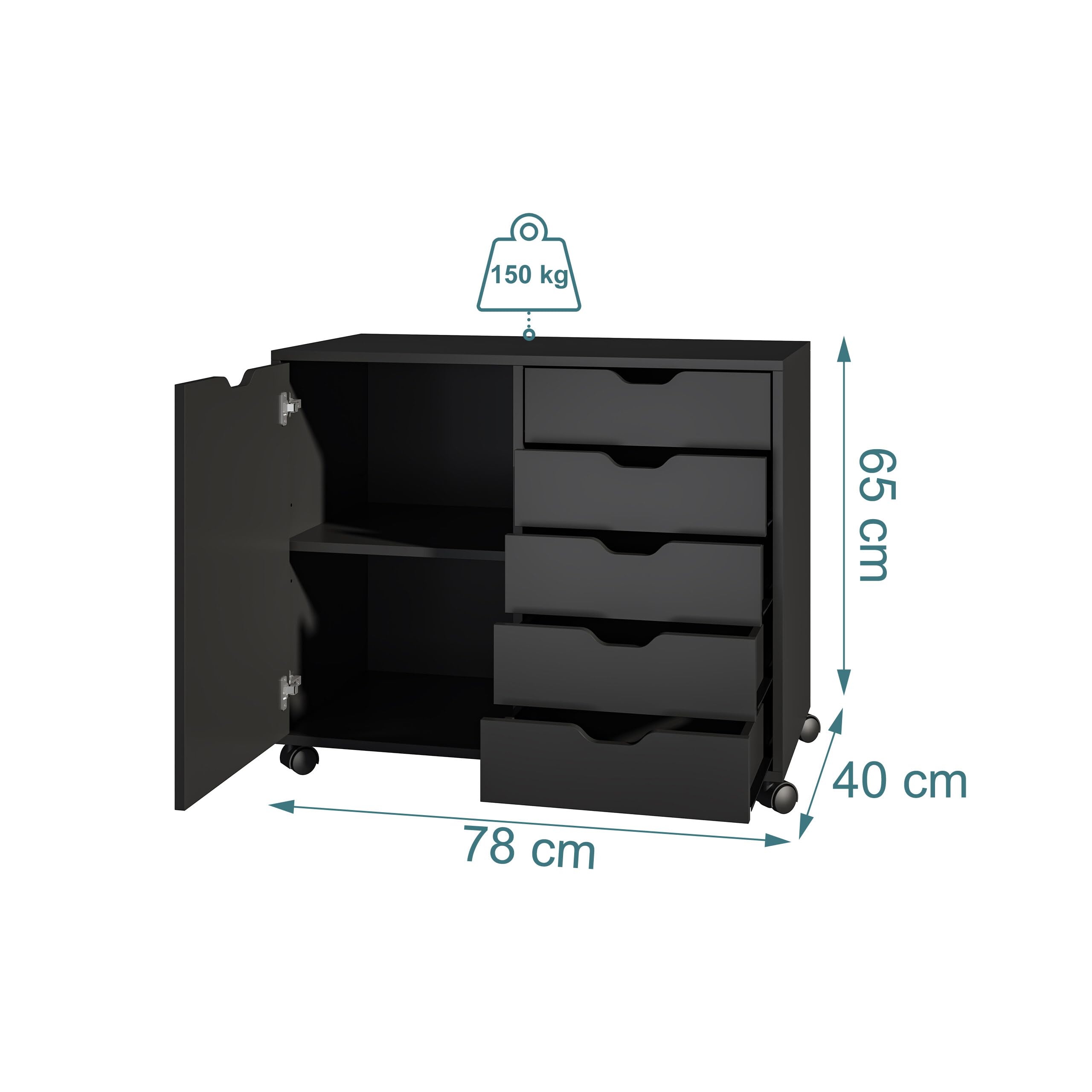Contenitore con rotelle Relaxdays, 5 cassetti e 2 Scomparti, HLP: 65x78x40 cm, armadietto da Ufficio Mobile, Nero
