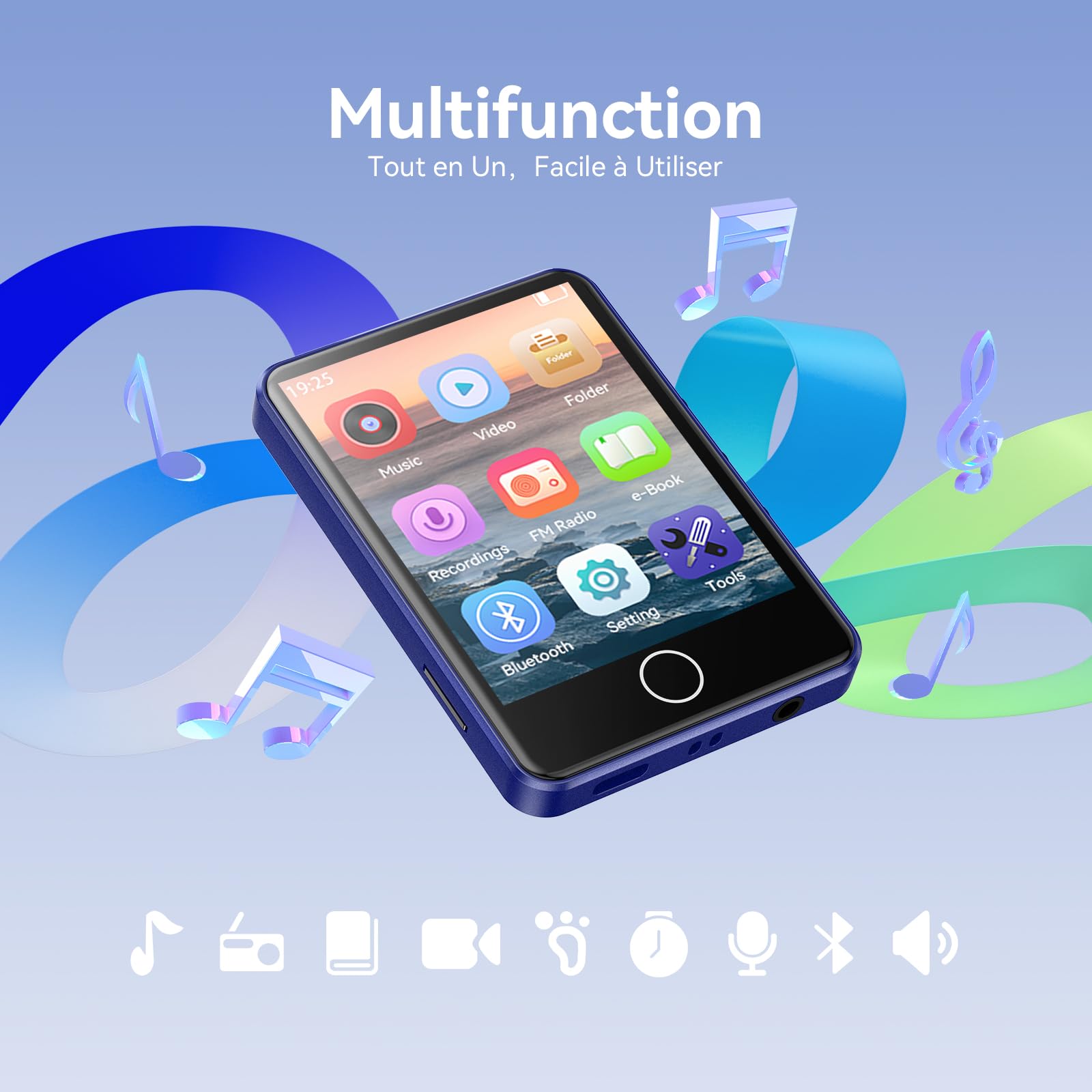 AGPTEK 64Go MP3 Bluetooth 5.3, Baladeur Numérique 2.8" Tactile Lecteur Musique HiFi avec Haut-Parleur/Radio FM/Enregistreur, Externe Jusqu'à 128Go, Incluse Protection en Silicone et Écouteurs, Bleu
