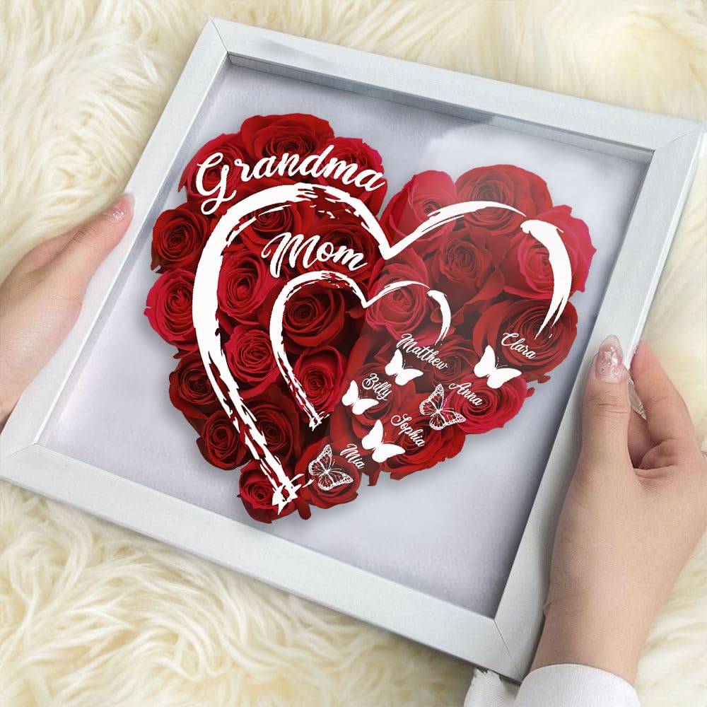 Personalized First Mom Now Grandma Butterflies Flower Shadow Box, Mom Birthday Gifts,, Custom Heart Shaped Frame Dried Flower Picture Frame, for Mom Grandma