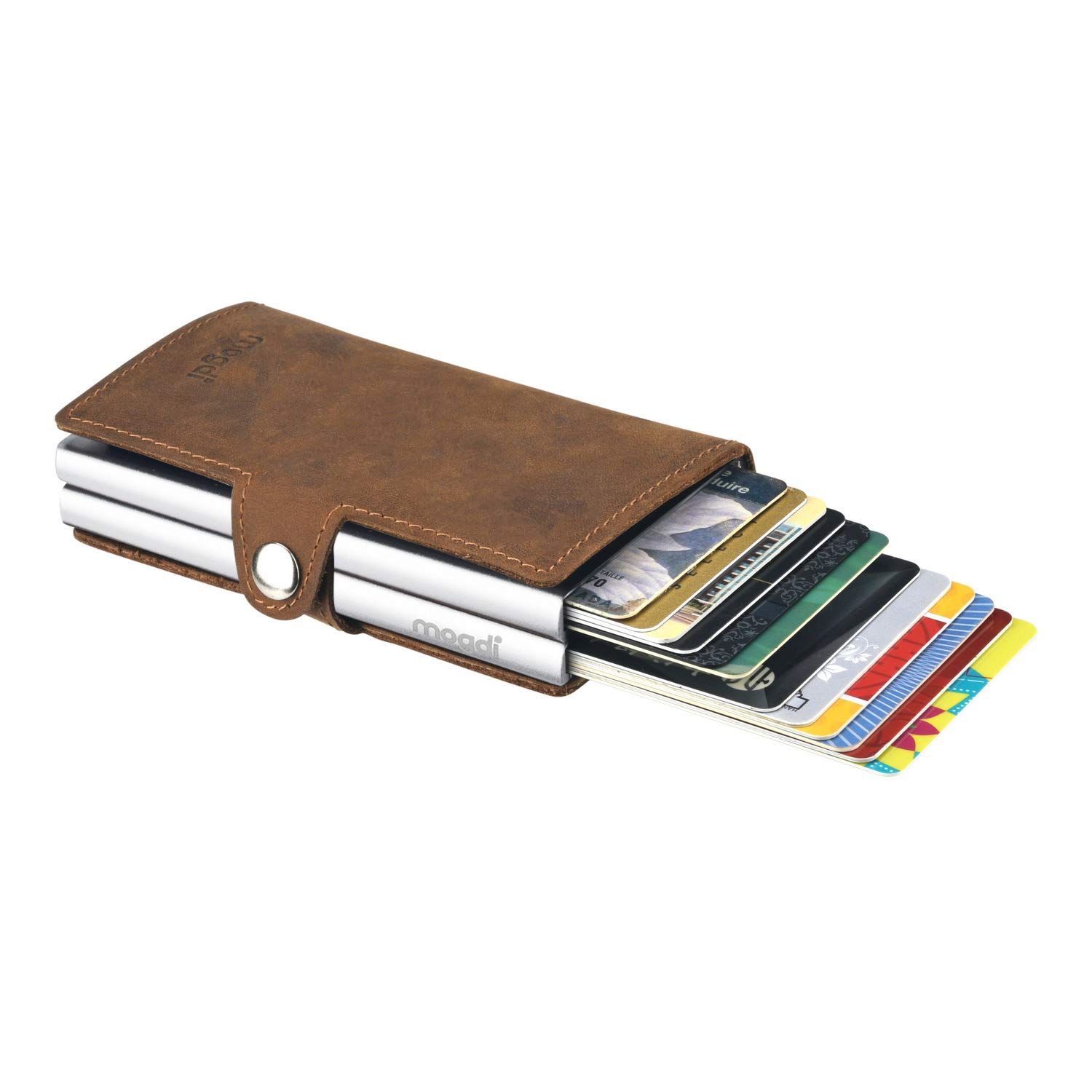 Duo Premium Herren Geldbörse, RFID/NFC Schutz, Slim Wallet mit Münzfach, Druckknopf & Kartenetui, aus A++ Echtleder, bis zu 12 Karten, Business Portmonee für Männer (Silber)