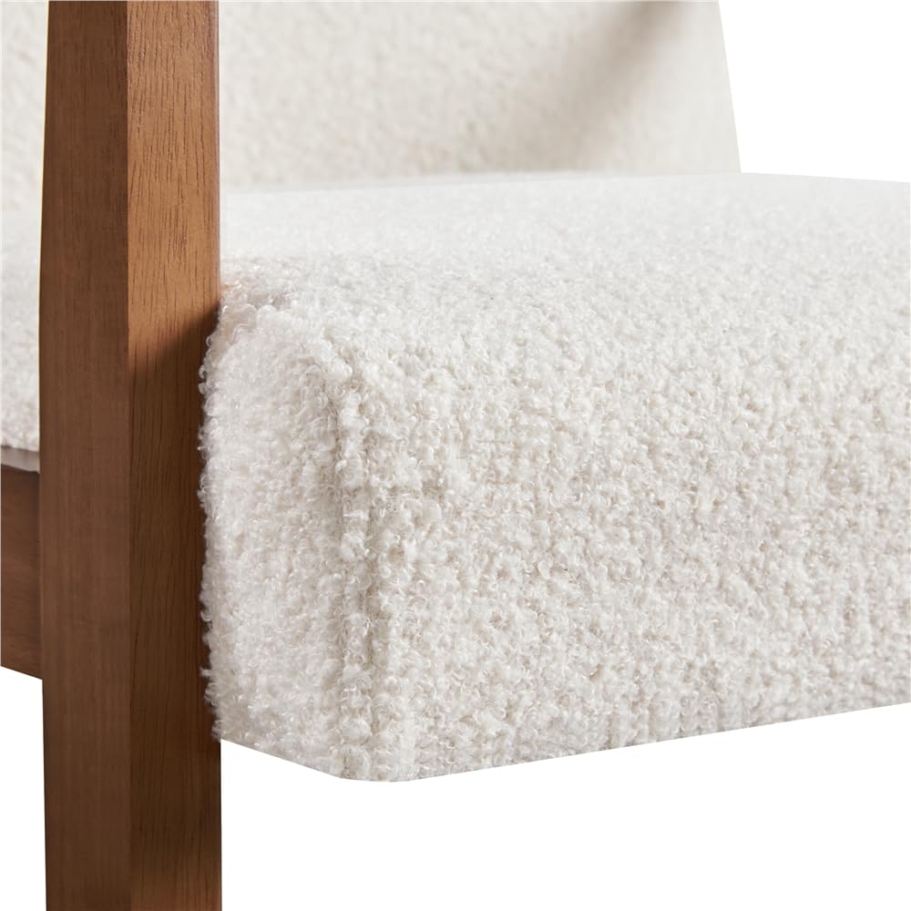 Yaheetech Butaca de Salón Tapizado en Bouclé Sillón Individual con Respaldo Acolchado y Reposabrazos de Madera Maciza Sofá Individual Ergonómico Soporte 136 kg Blanco