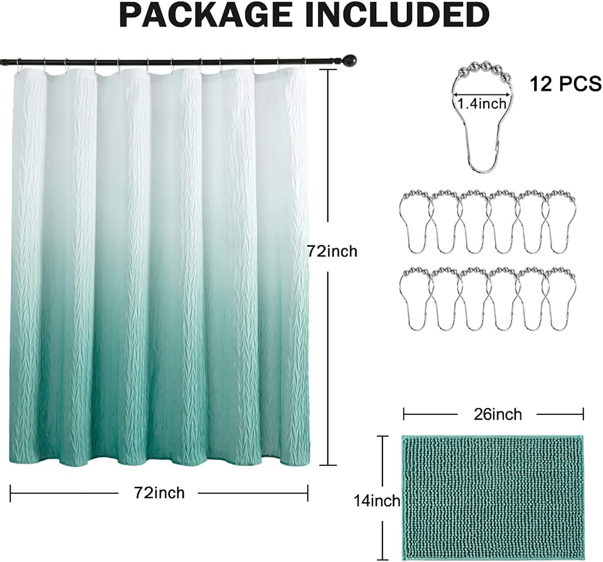 JSLOVE Shower Curtain Sets with Rugs for Bathroom 72 x 72 Inch Shower Curtains in Bath with 12 Hooks Fabric Waterproof Ombre Green