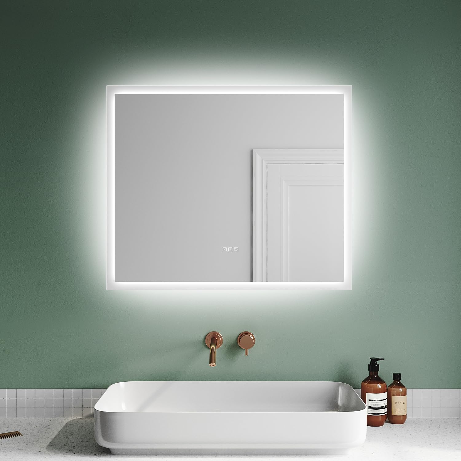 SUNXURY Espejo de baño LED de 60 x 50 cm, espejo de baño con iluminación, espejo de baño con interruptor táctil, antivaho, Bluetooth, bajo consumo, luz blanca fría, espejo de pared IP44