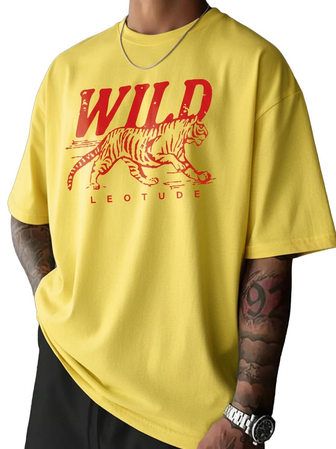 LEOTUDE Men’s Oversized Cotton T-Shirt | Wild Tiger Graphic Print | Half Sleeve Round Neck Casual T-Shirt for Men’s (Color : Yellow)