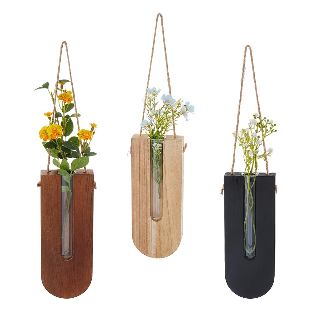 SUPERFINDINGS 3 macetas colgantes de madera para plantas de interior, jarrón colgante decorativo pequeño para plantas, cilindro de cristal para plantas, decoración de pared