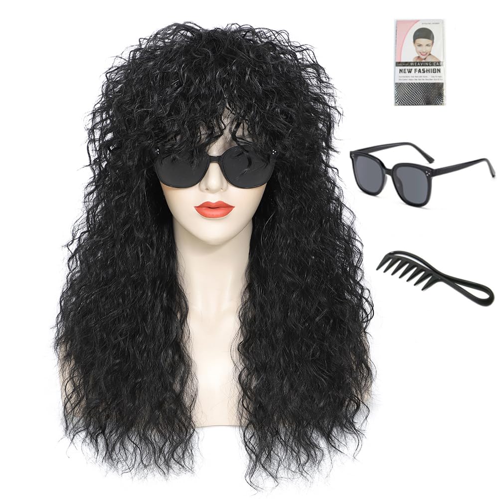 Heavy metal rock wig with voluminous curls — perfect for Halloween costumes, 1980s-themed parties, and cosplay (Black)