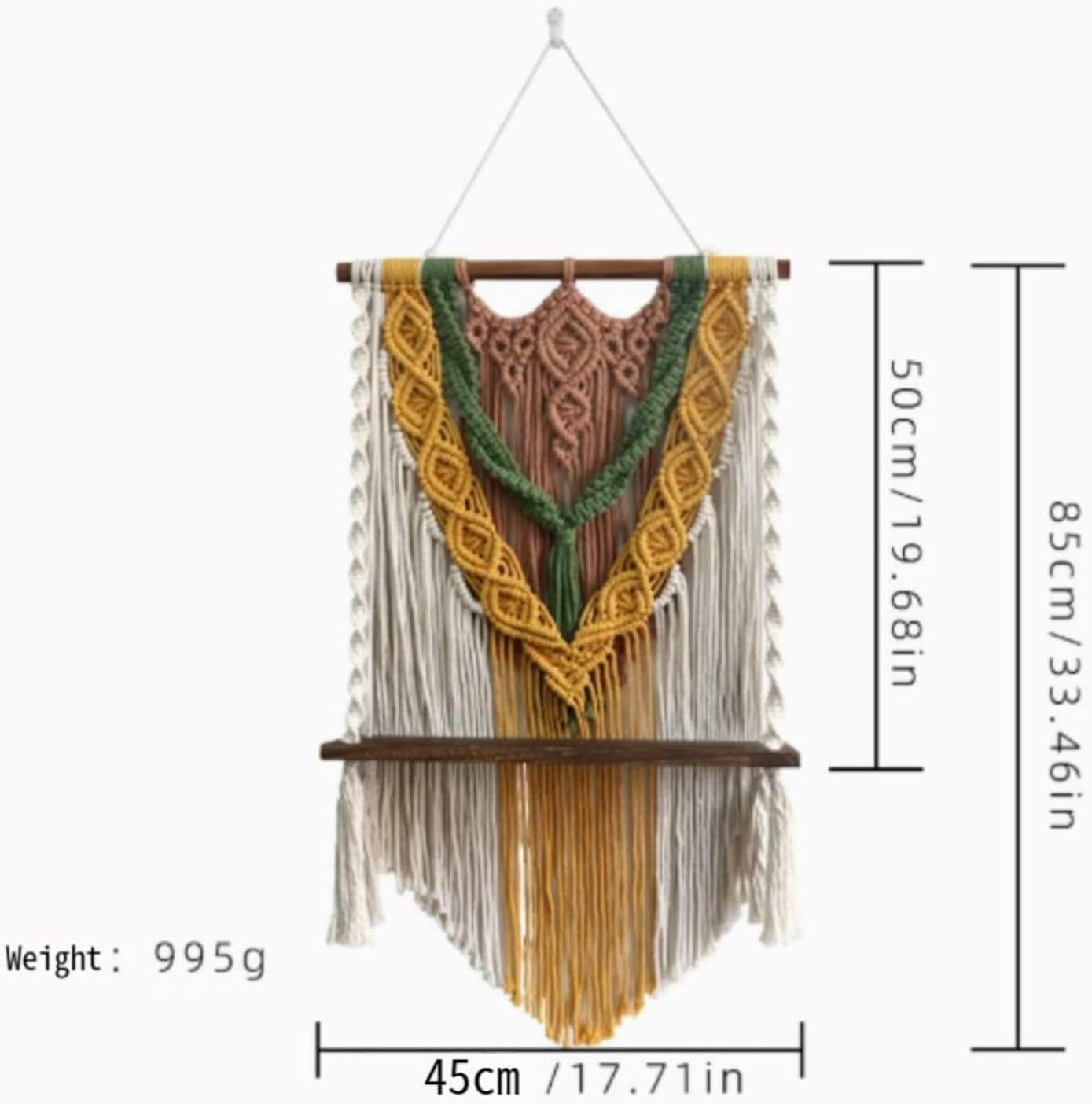 Colorful Macrame Wall Shelf, Boho Hanging Shelf with Wooden Board, Artistic Wall Decor for Living Room Bedroom-S image 2