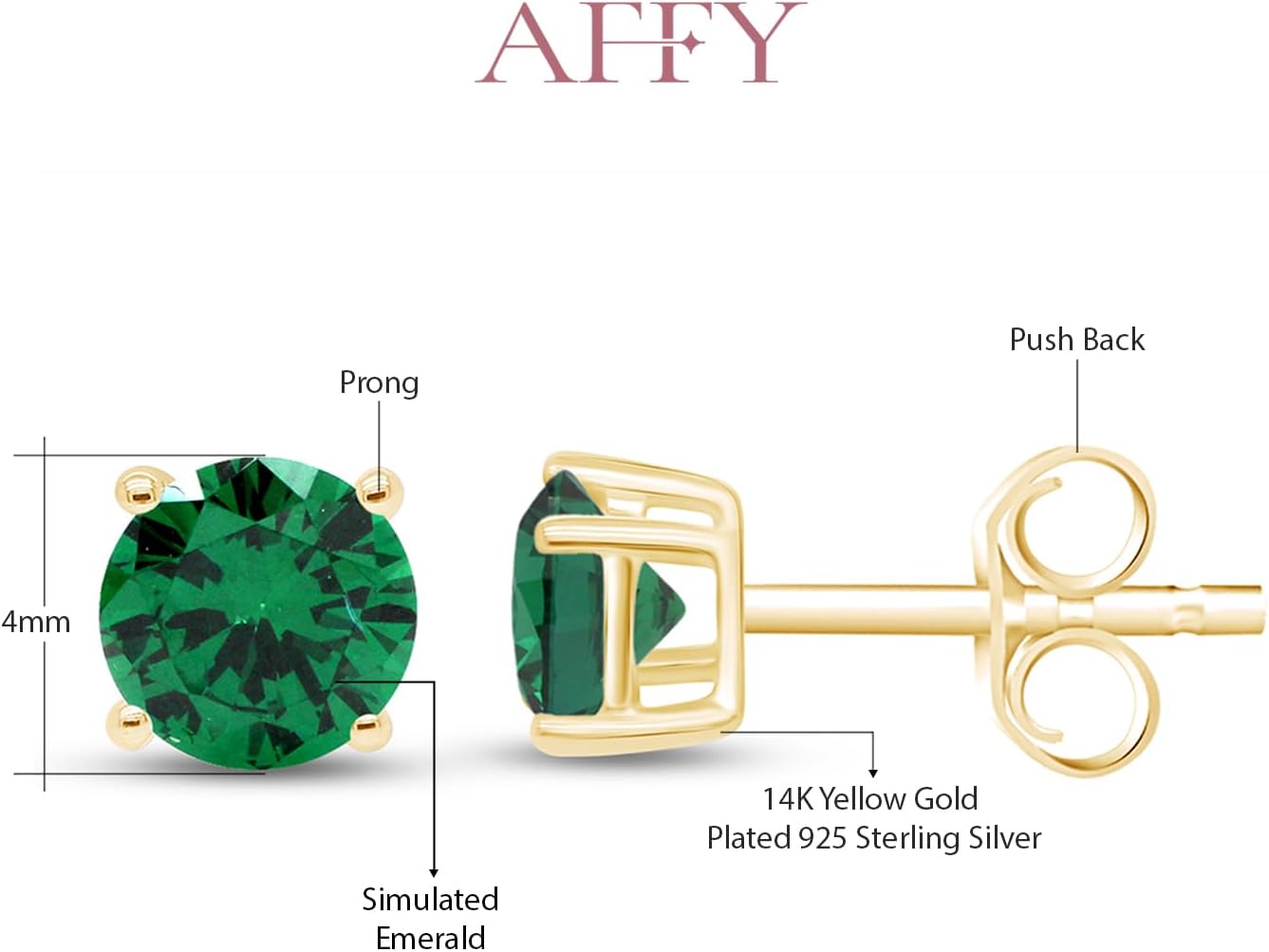 Birthstone Stud Earrings for Women, 4mm Round Simulated Gemstone Studs in 14K Gold Plated 925 Sterling Silver Push Back Earrings, Jewelry Gift for Her (0.5 Ct) - Image 3