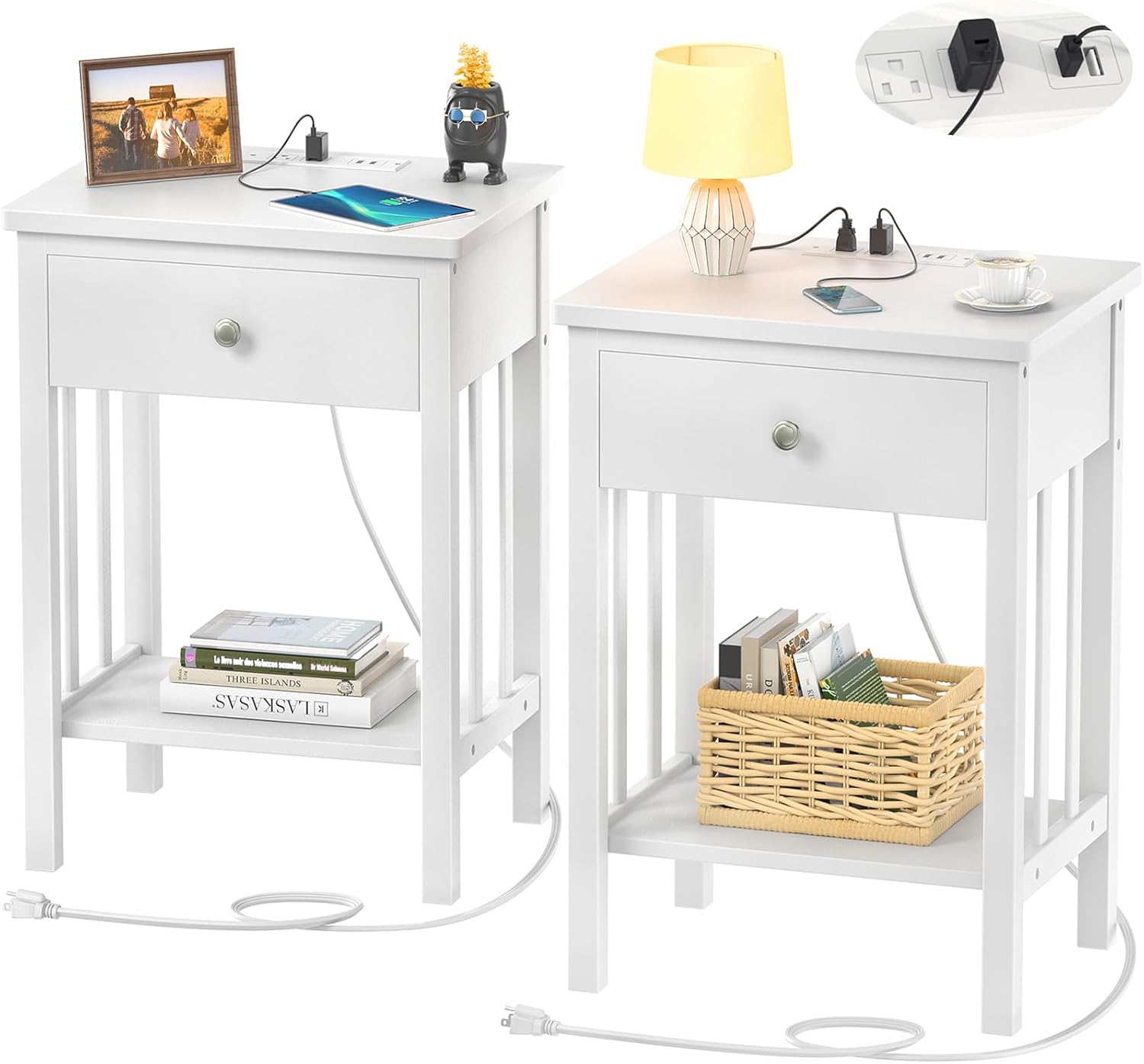 Homykic White Nightstand with Charging Station, Bamboo Nightstands Set
