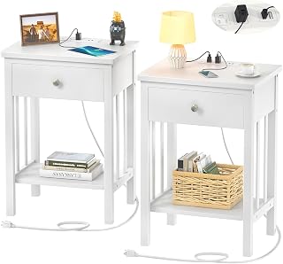 Homykic White Nightstand with Charging Station, Bamboo Nightstands Set of 2 with USB Ports and Outlets, Bedside End Table Side Table with Drawer and Storage Shelf for Bedroom, Easy to Assemble