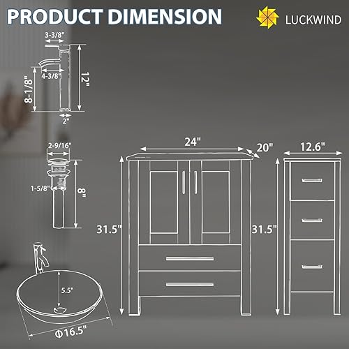 Miniatura 10 de LUCKWIND Fregadero de baño doble de 60 pulgadas, serie elegante con gabinete lateral, construcción de madera maciza y marco pintado, incluye