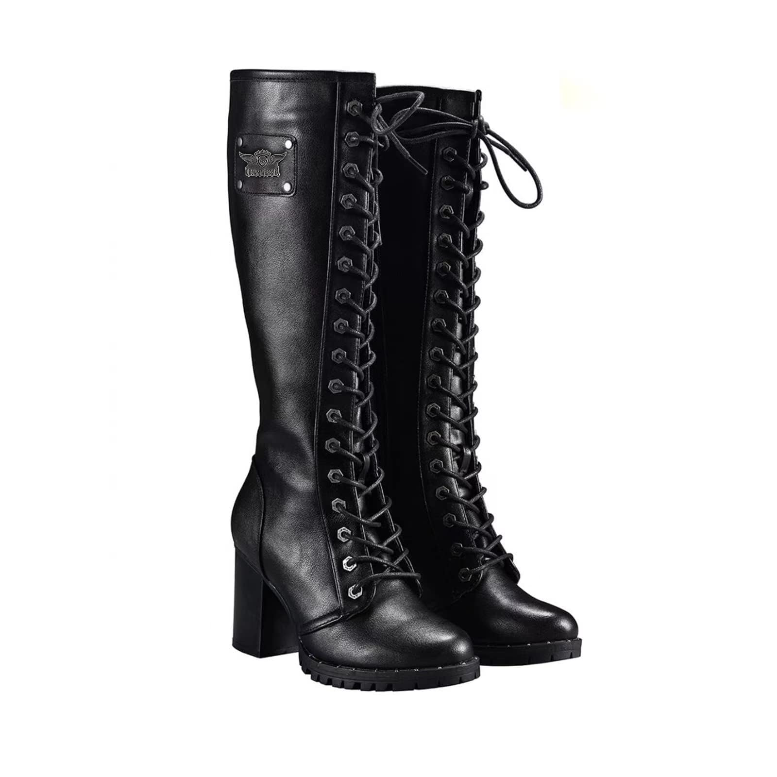 GARGOYLE BELLS Womens Knee High Boots Ladies Lace Up Motorcycle Boots with Zipper Soft Thigh High Riding Boots